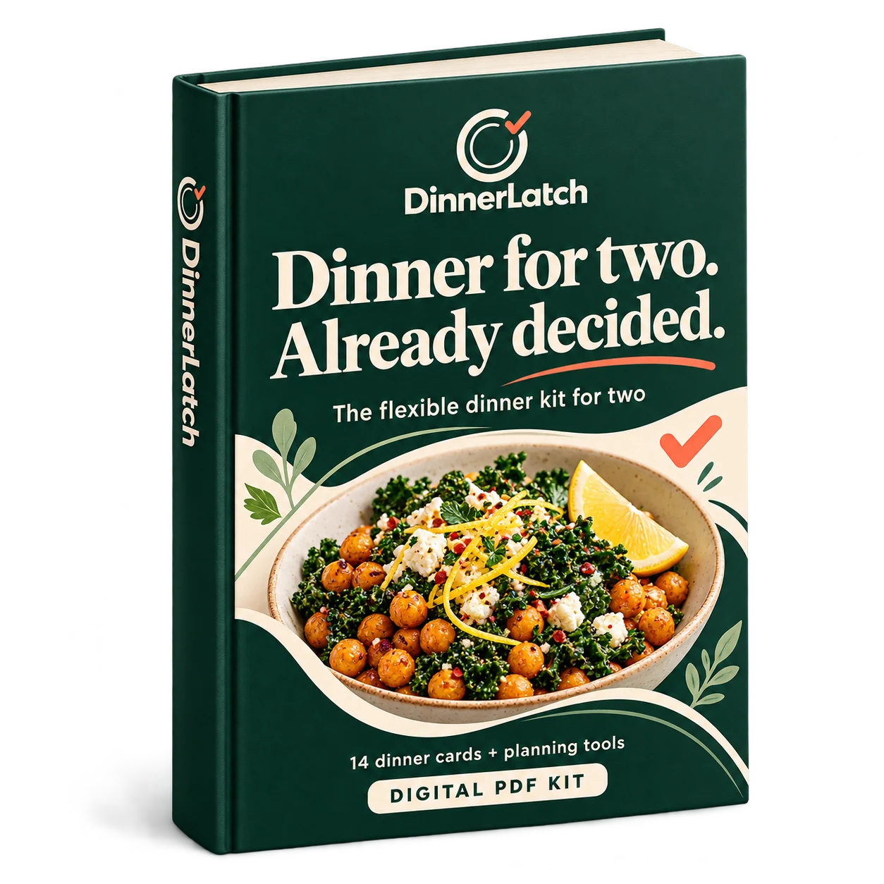 Illustrative DinnerLatch digital-kit book, shown together with the dinner scene and cards