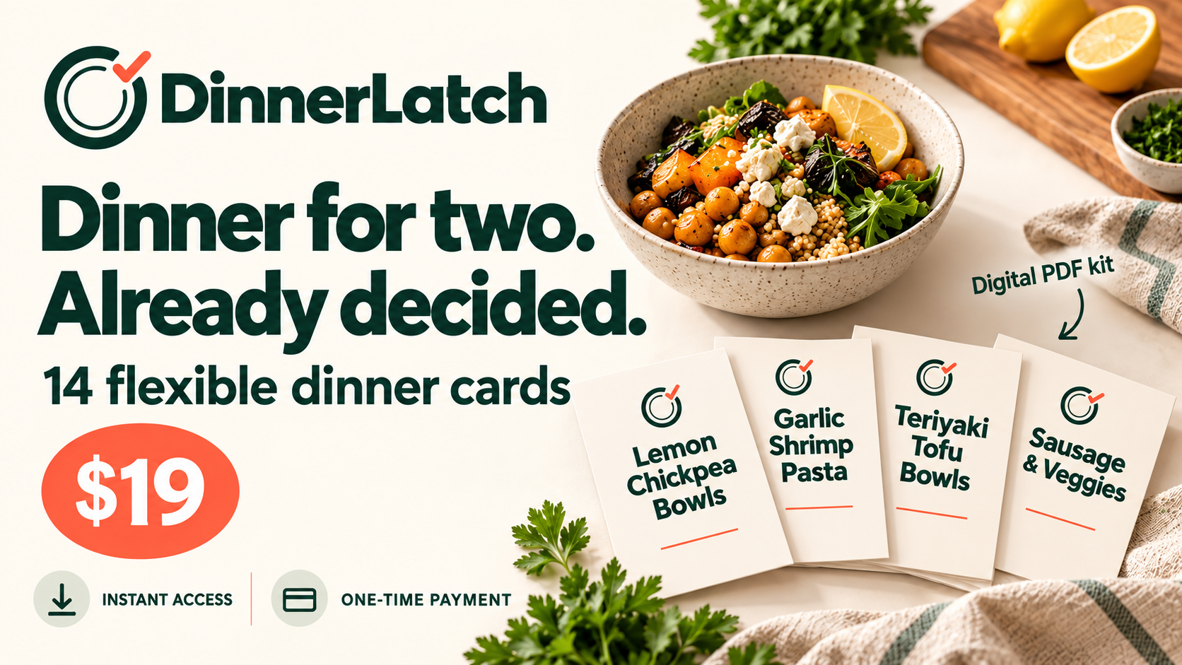 DinnerLatch dinner bowl and illustrative printed dinner cards